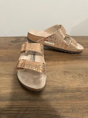 Birkenstock Women's Metallic Rose Gold Two-Strap Arizona Sandals